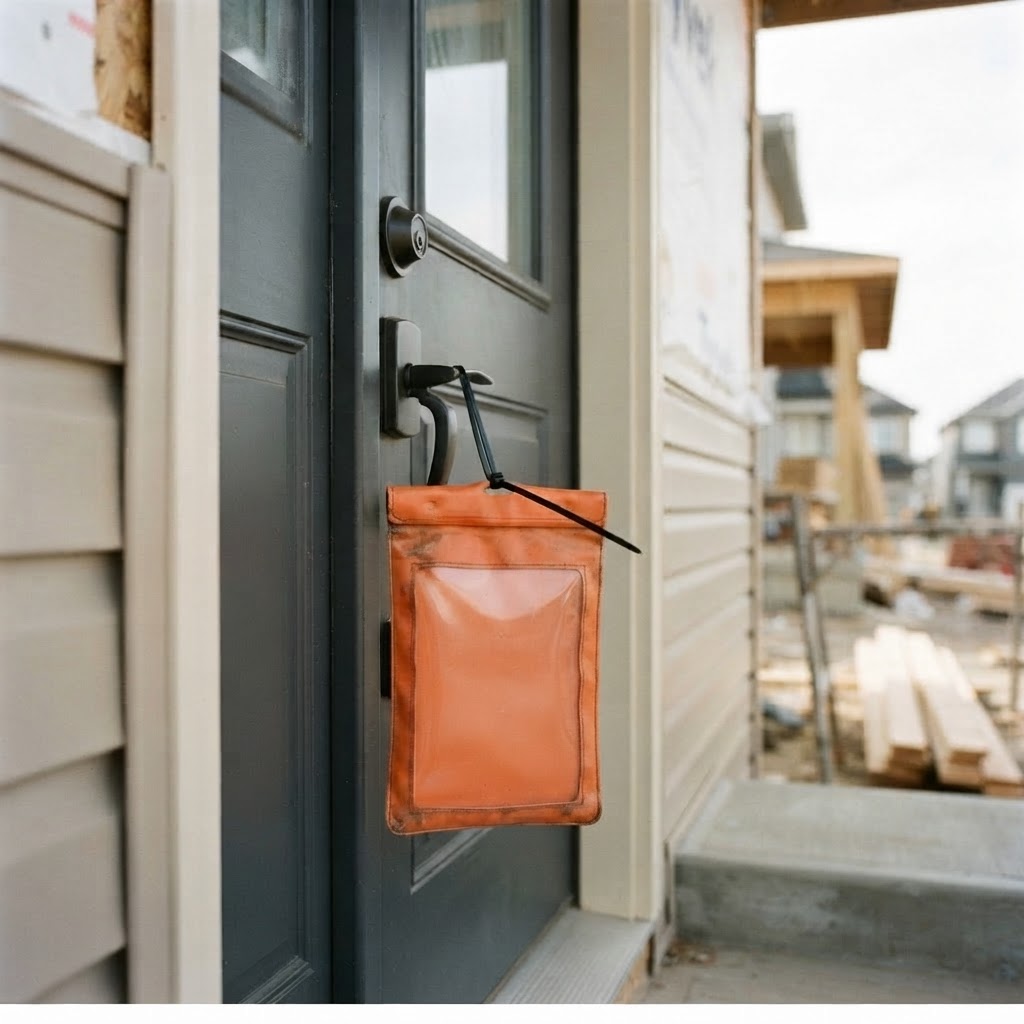 An orange permit pouch containing a printed building permit document attached to the front door handle of a suburban home