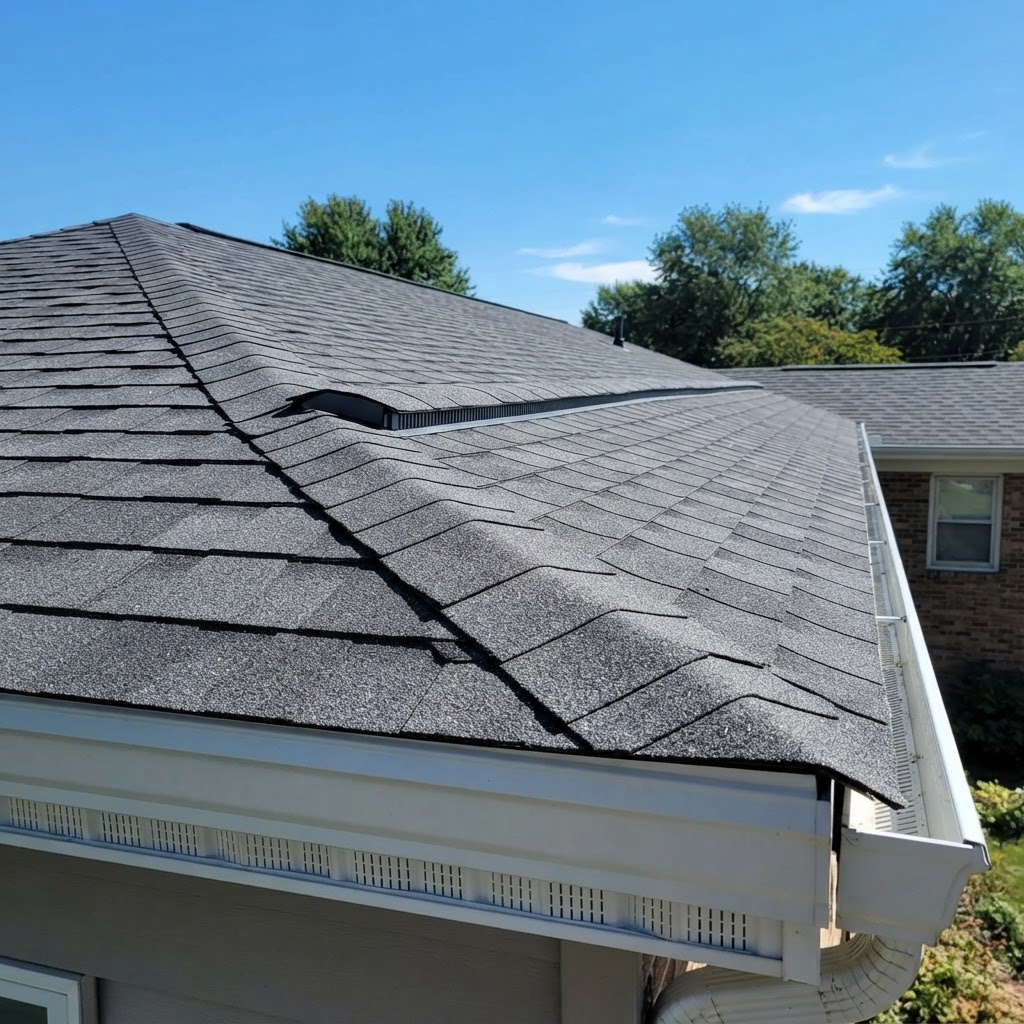 Residential roof in Northern Virginia with a continuous ridge vent along the peak and a soffit intake vent beneath the eave