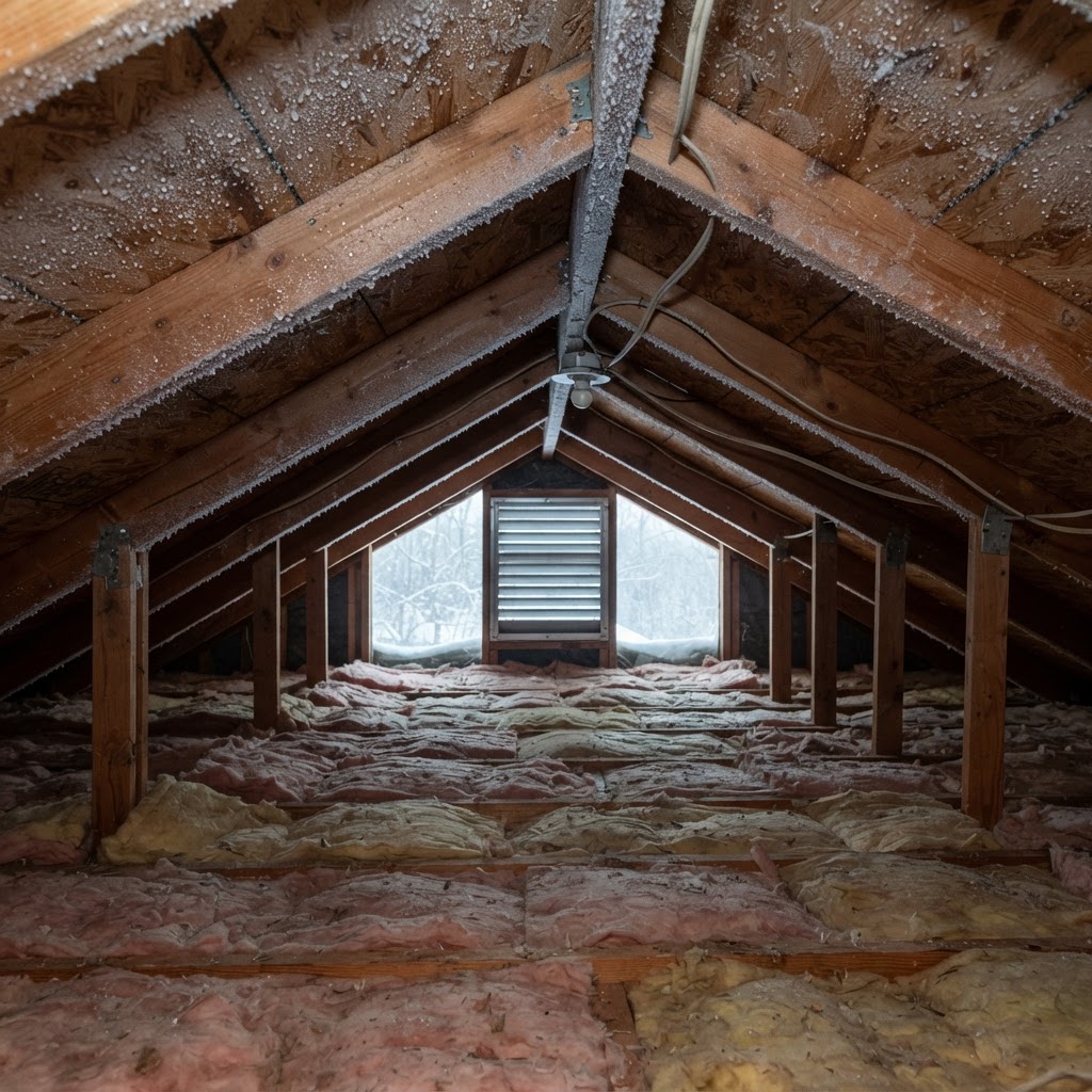 Frost and water droplets on the cold roof deck and rafters of an unfinished Northern Virginia attic in winter