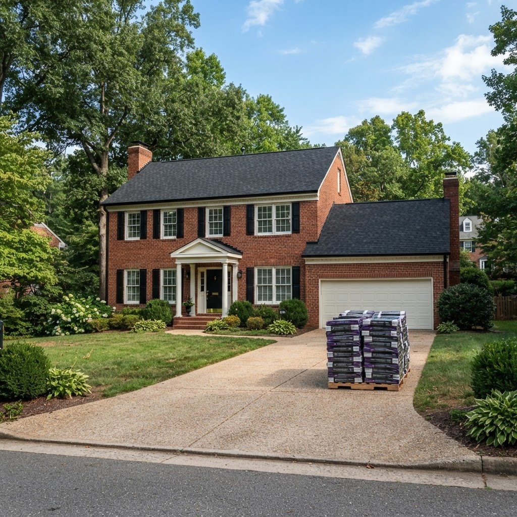 Red-brick colonial home in Fairfax Virginia with a newly installed dark charcoal architectural shingle roof and shingle bundles on the driveway