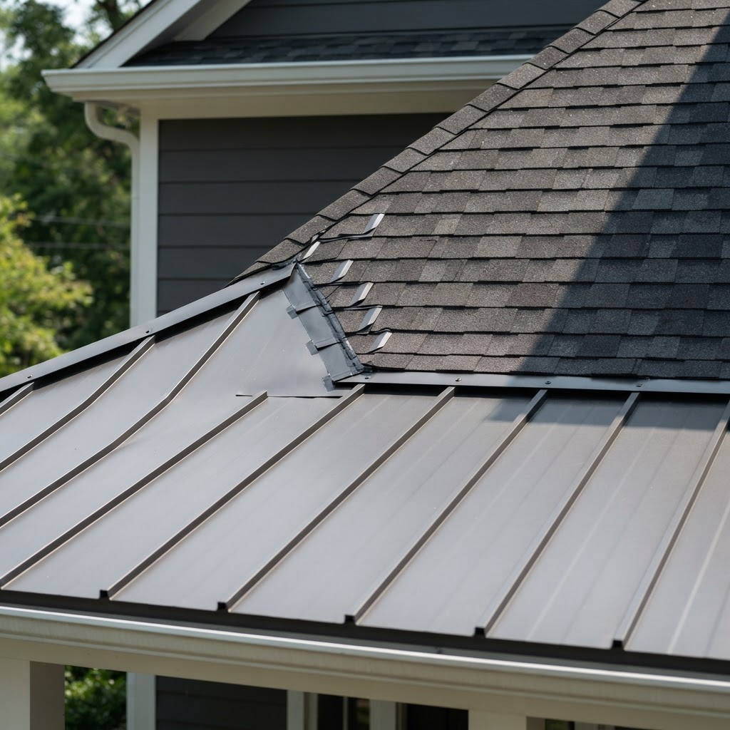 Standing seam metal porch roof meeting the asphalt shingle roof of the main house with step flashing at the transition