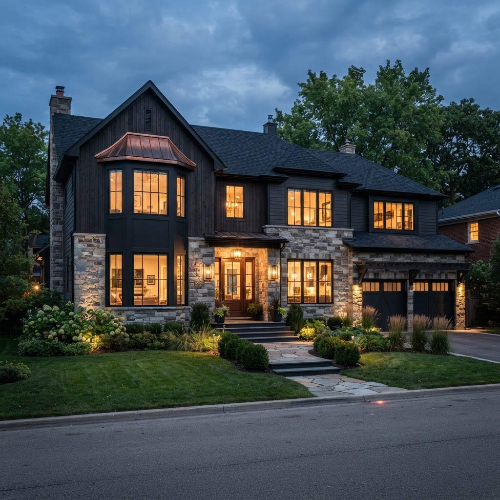 A modern upscale suburban home with charcoal-black architectural shingles and a mixed stone and dark siding facade at dusk