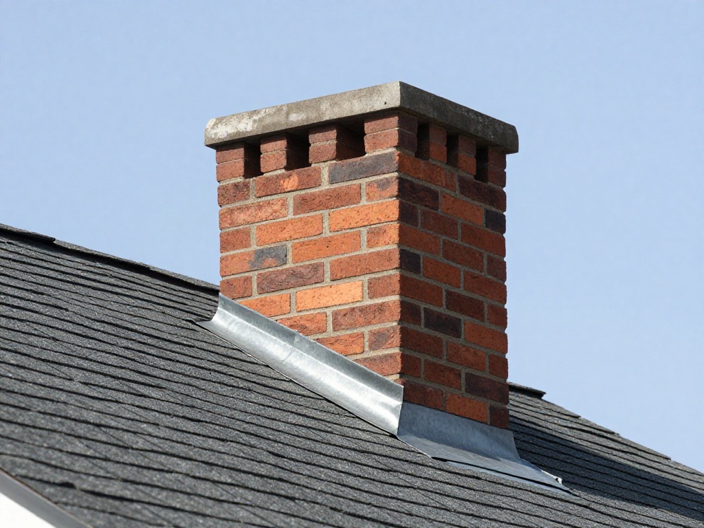 Brick chimney protruding through a dark gray asphalt shingle roof under a clear blue sky, with bright silver L-shaped metal flashing sealing the base where the chimney meets the roof