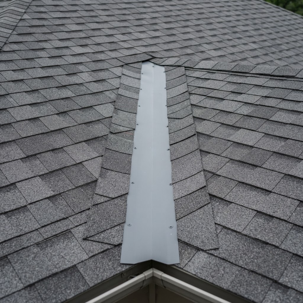 Open roof valley on a shingle roof showing the exposed metal valley lining running between two shingle covered planes