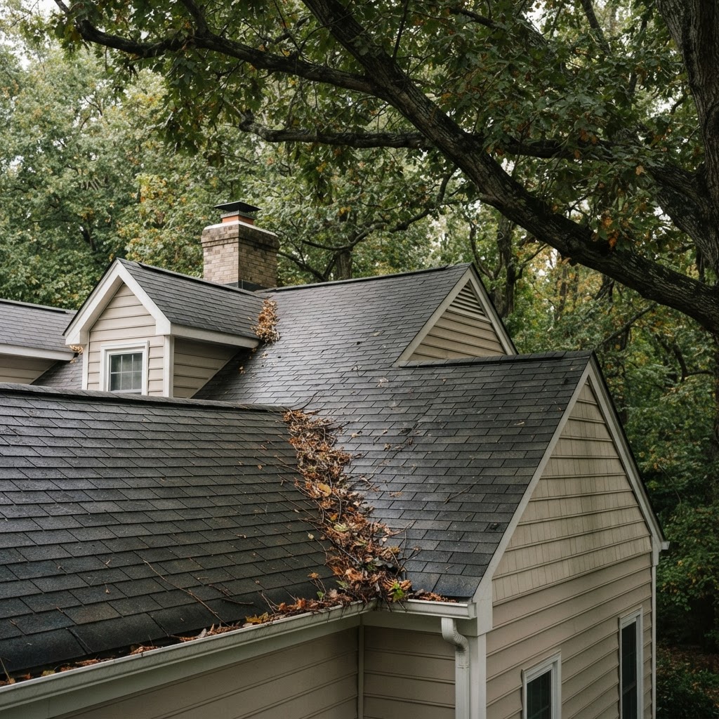 Large tree branches overhanging an asphalt shingle roof with leaves and twigs resting in the roof valley