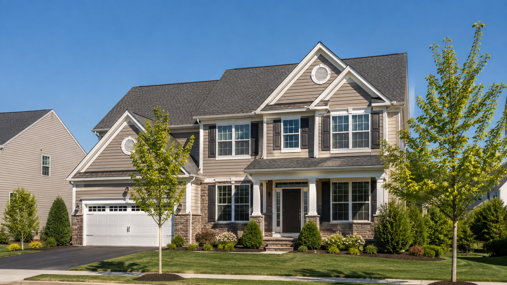 Two-story Centreville, VA home with tan lap siding, stone veneer ground level, a dark grey shingle roof, and manicured landscaping under a clear blue sky