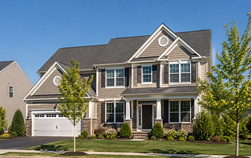 Two-story Centreville, VA home with tan lap siding, stone veneer, a dark grey shingle roof, and manicured landscaping under a clear blue sky
