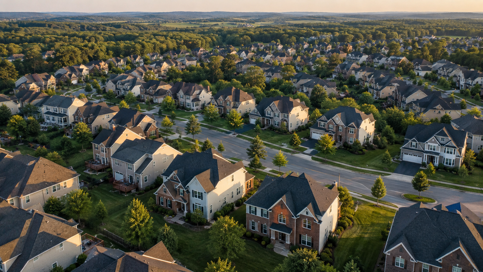 Aerial drone view of a Northern Virginia suburban neighborhood with detached homes, pitched roofs, and dense green trees at golden hour