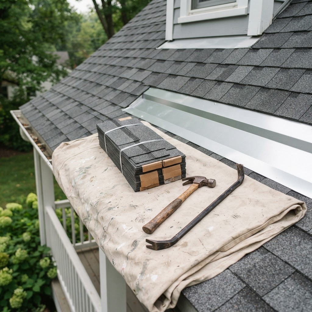 A hammer, pry bar and shingle bundles staged on a canvas drop cloth beside freshly repaired step flashing on a low porch roof edge