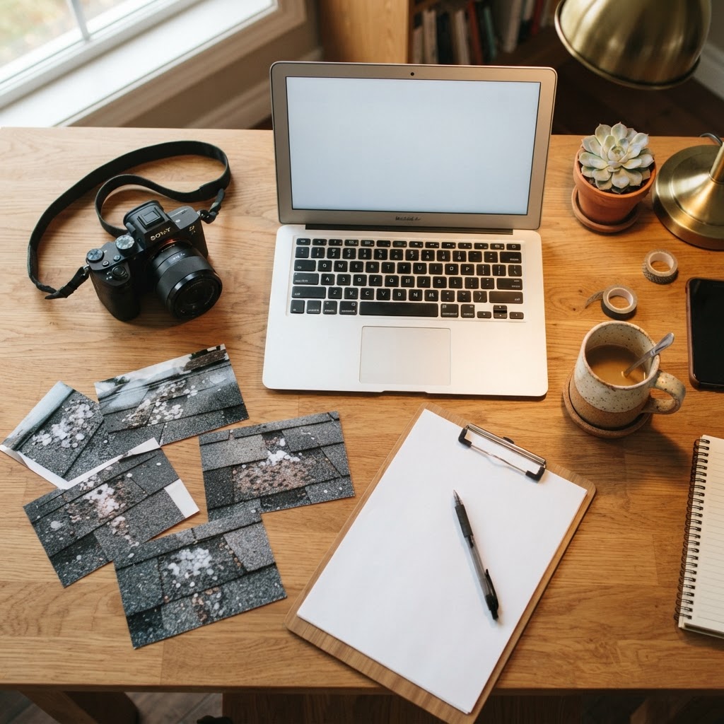 An overhead view of a wooden desk with an open laptop, a camera, printed photos of hail-damaged shingles, and a clipboard
