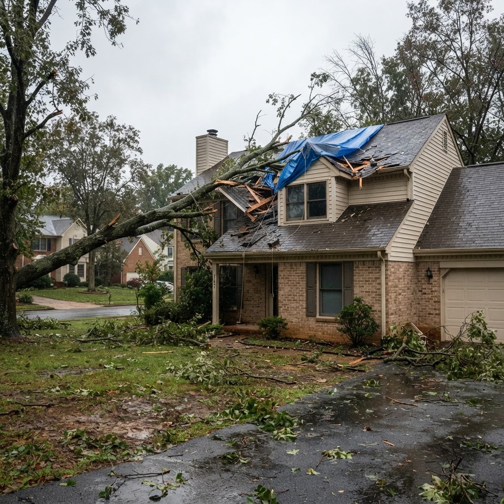 Fallen tree limb resting across a suburban home roof with cracked shingles and a blue tarp over the damaged area