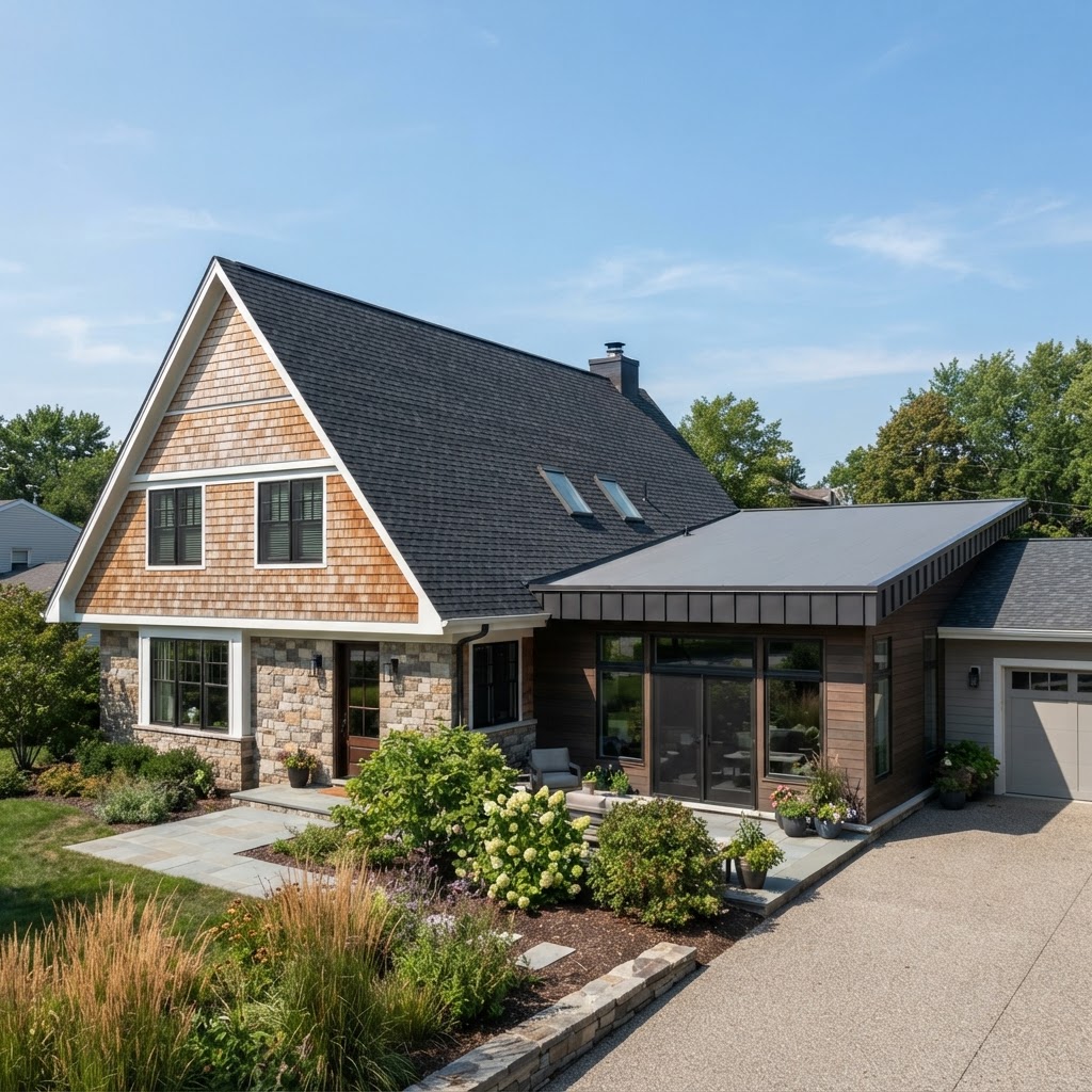 House showing contrasting roof pitches: a steep charcoal shingle roof beside a gently sloped low-slope addition roof