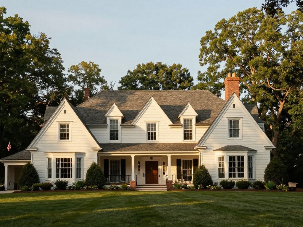Symmetrical two-story white-sided estate home in Great Falls, VA with a steeply pitched charcoal-gray shingle roof, three gabled dormers, two red-brick chimneys, dark shutters, and a covered porch, framed by mature trees and a manicured lawn at golden hour