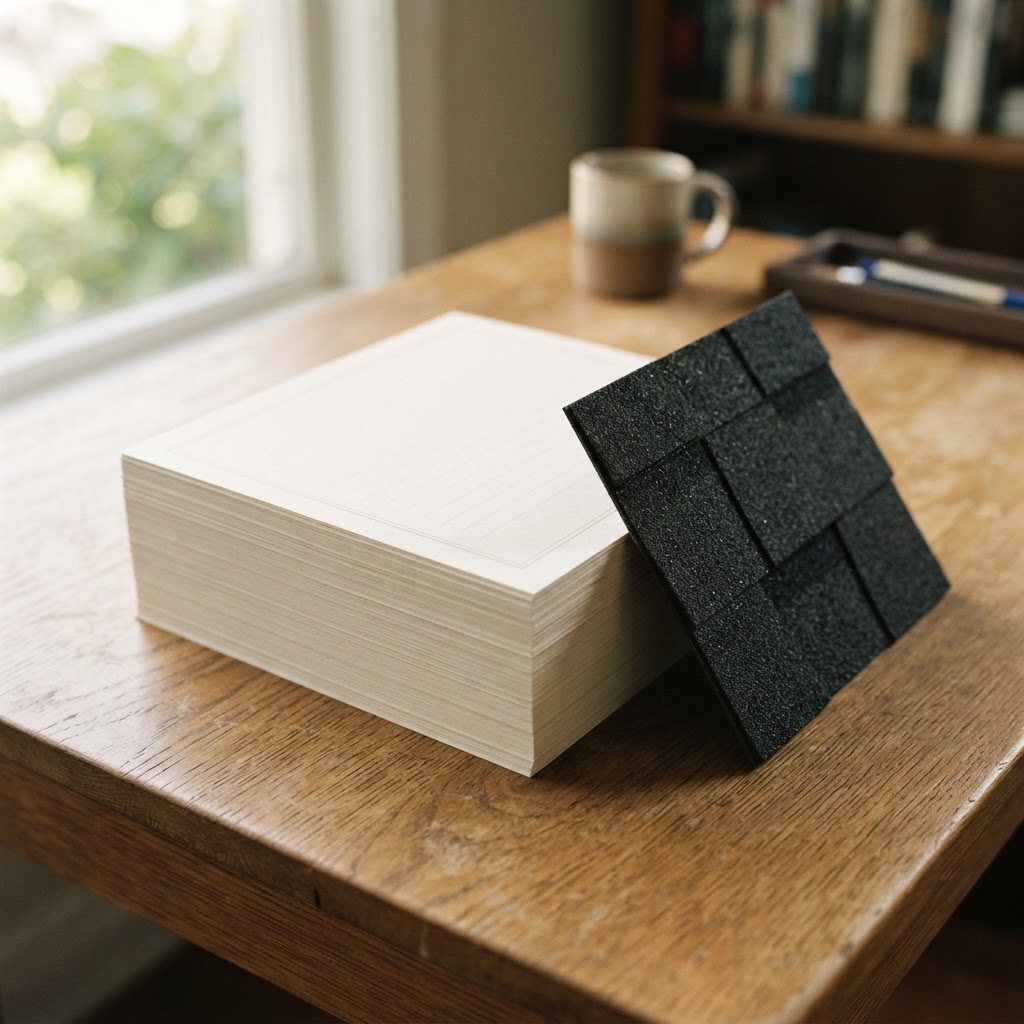 A stack of printed warranty certificates beside a sample board of charcoal asphalt shingles on a wooden desk