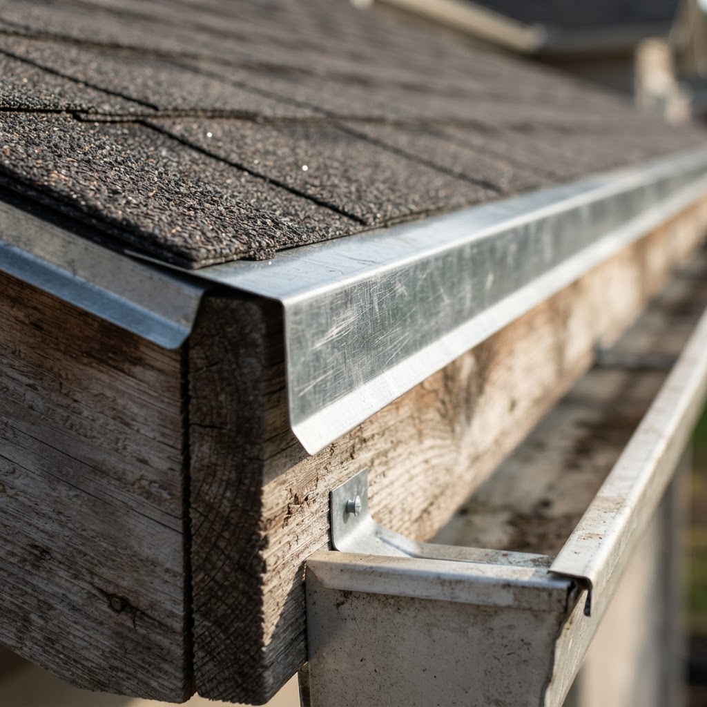 Close-up of metal drip edge flashing along a roof eave protecting the fascia board above a plain aluminum gutter
