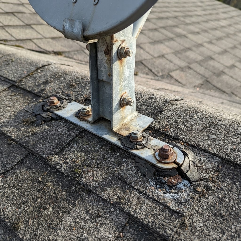 Satellite dish mounting bracket bolted into an asphalt shingle roof with failed and cracking sealant around the bolts