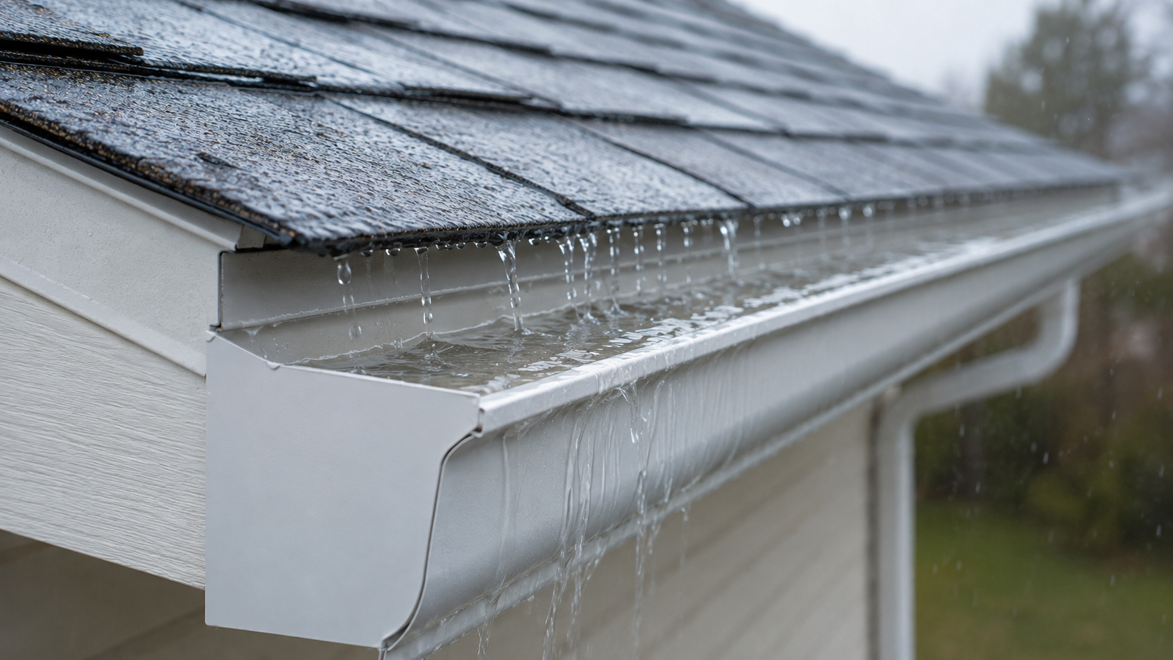 Light-gray metal gutter overflowing with multiple streams of rainwater during a storm on a dark gray asphalt shingle roofline, with a downspout running down a light-colored siding wall