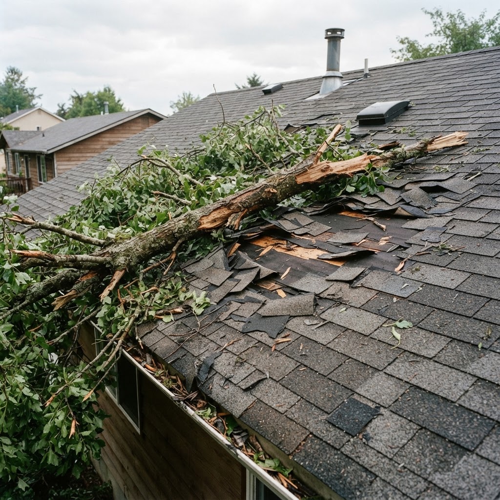 Residential asphalt shingle roof in Northern Virginia with a fallen tree limb resting on damaged, displaced shingles