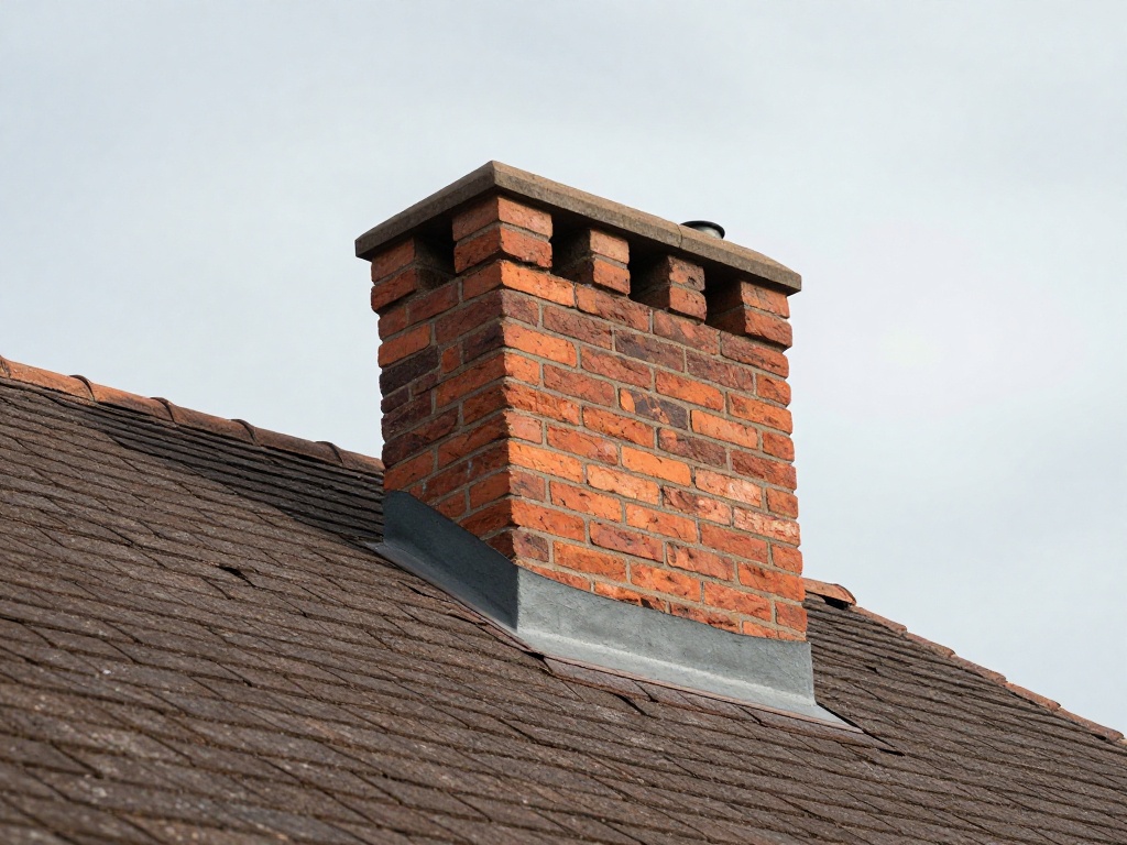 Close-up angled view of a traditional brick chimney with a concrete cap and dark step flashing protruding from a dark-brown shingled residential roof under a pale overcast sky