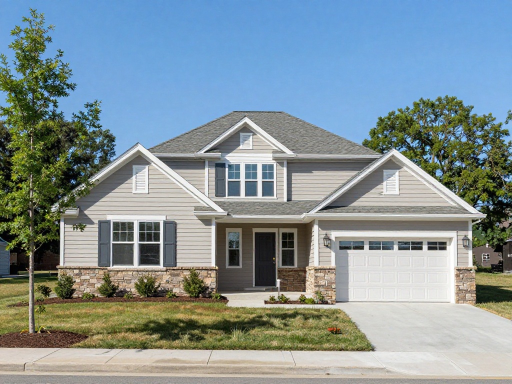 Two-story Chantilly, VA suburban home with light-gray vinyl siding, a stone-veneer foundation, a dark gray asphalt shingle roof with multiple gables, and a two-car garage under a clear blue sky