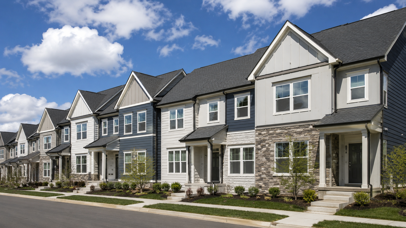 Row of modern suburban townhouses in Springfield, VA with charcoal grey asphalt shingle roofs, navy and off-white siding, board-and-batten gables, stacked stone veneer, and manicured landscaping under a bright blue sky