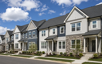 Row of modern suburban townhouses in Springfield, VA with charcoal grey asphalt shingle roofs, navy and off-white siding, board-and-batten gables, stacked stone veneer, and manicured landscaping under a bright blue sky