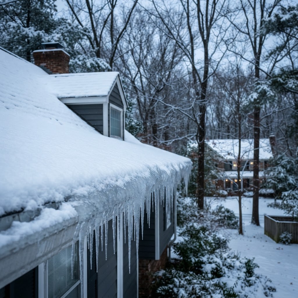 Snow-covered residential roof in Northern Virginia with a thick ridge of ice along the eave and icicles hanging from the gutter