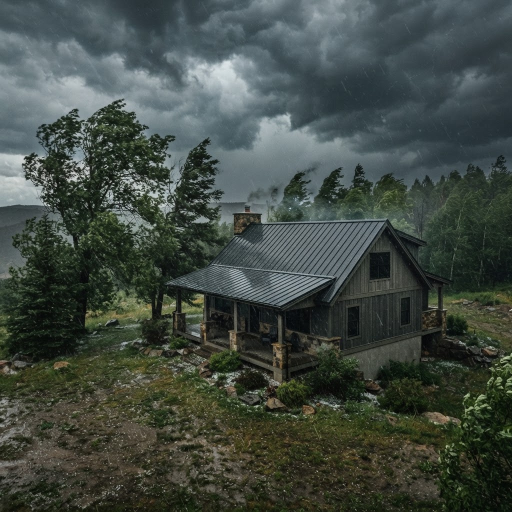 A sturdy house with a dark standing seam metal roof under a dramatic stormy sky with falling hail