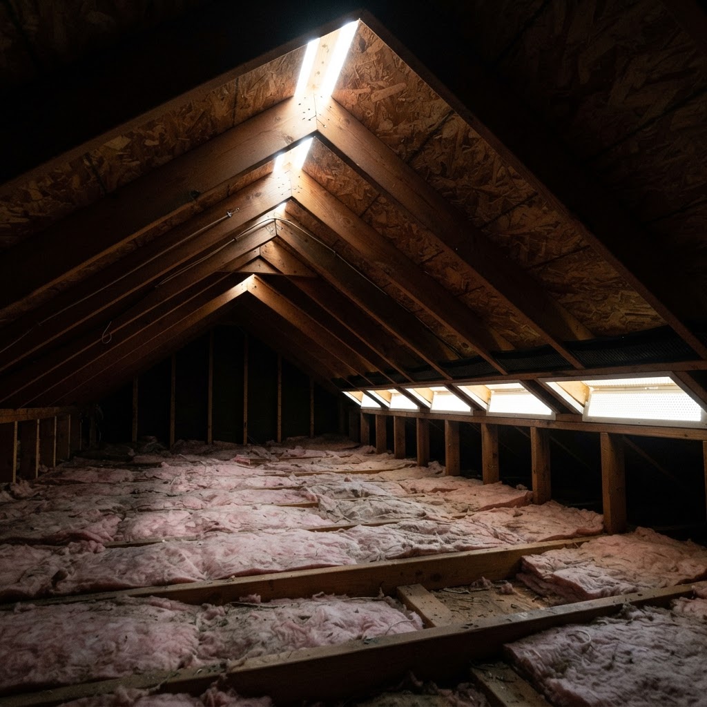 Residential attic with daylight glowing through soffit vents at the eaves and a ridge vent at the roof peak