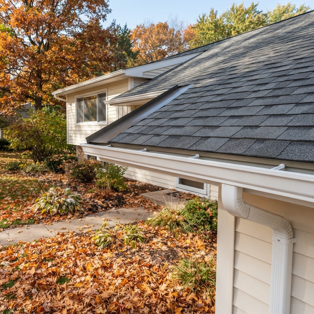 Residential roof edge with a clean unobstructed gutter and debris-free roof valleys with fallen autumn leaves below