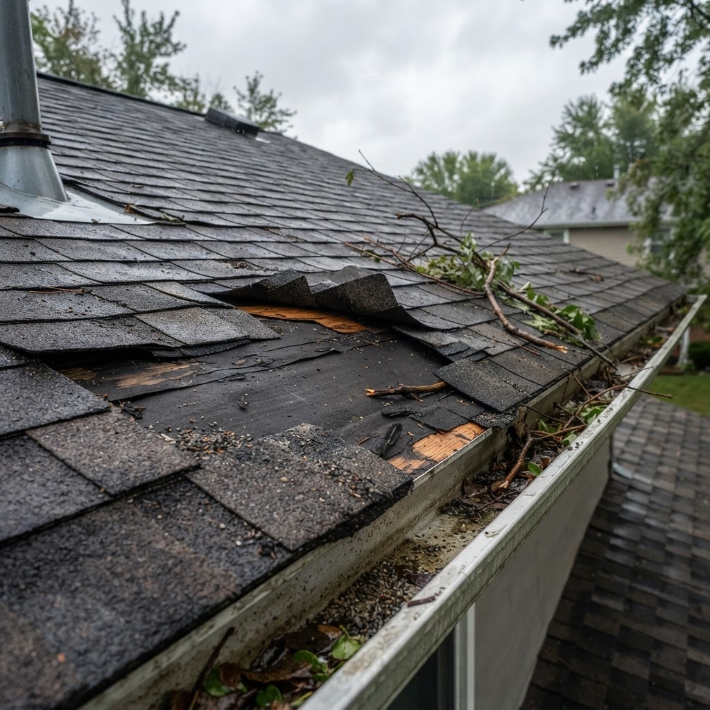 Storm-damaged asphalt shingle roof with lifted and missing shingles and granules washed into the gutter