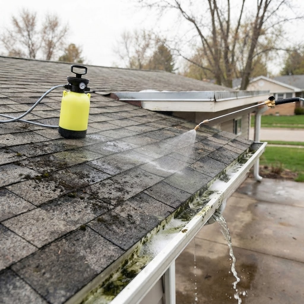 A low-pressure garden pump sprayer applying a gentle mist of cleaning solution onto dark algae-streaked gray asphalt shingles