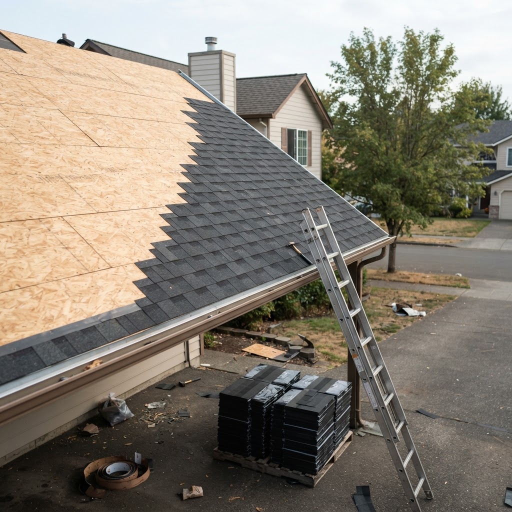 Roof replacement in progress showing fresh plywood decking partially covered with new charcoal asphalt shingles