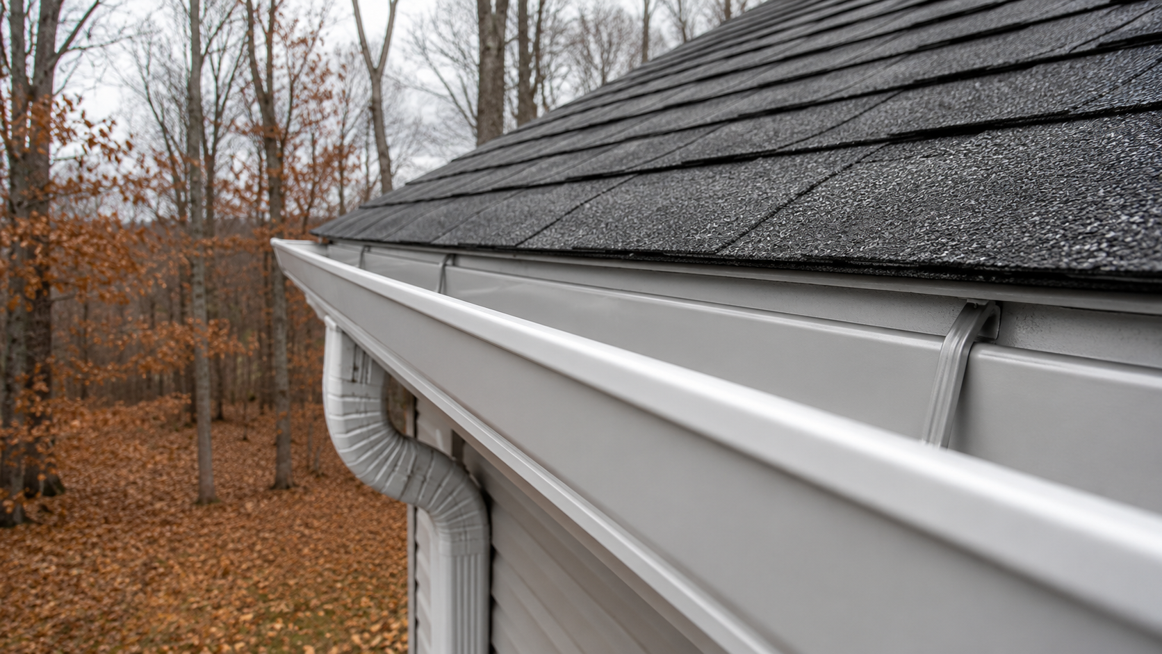 High-angle close-up of a residential roof edge with dark grey asphalt shingles and a clean light grey metal gutter, surrounded by bare late-autumn trees and fallen brown leaves under an overcast sky