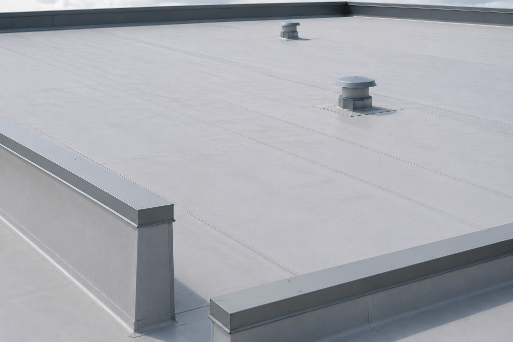 High-angle view of a clean light-grey commercial flat roof membrane with heat-welded seams, mushroom-style vents, and a parapet wall