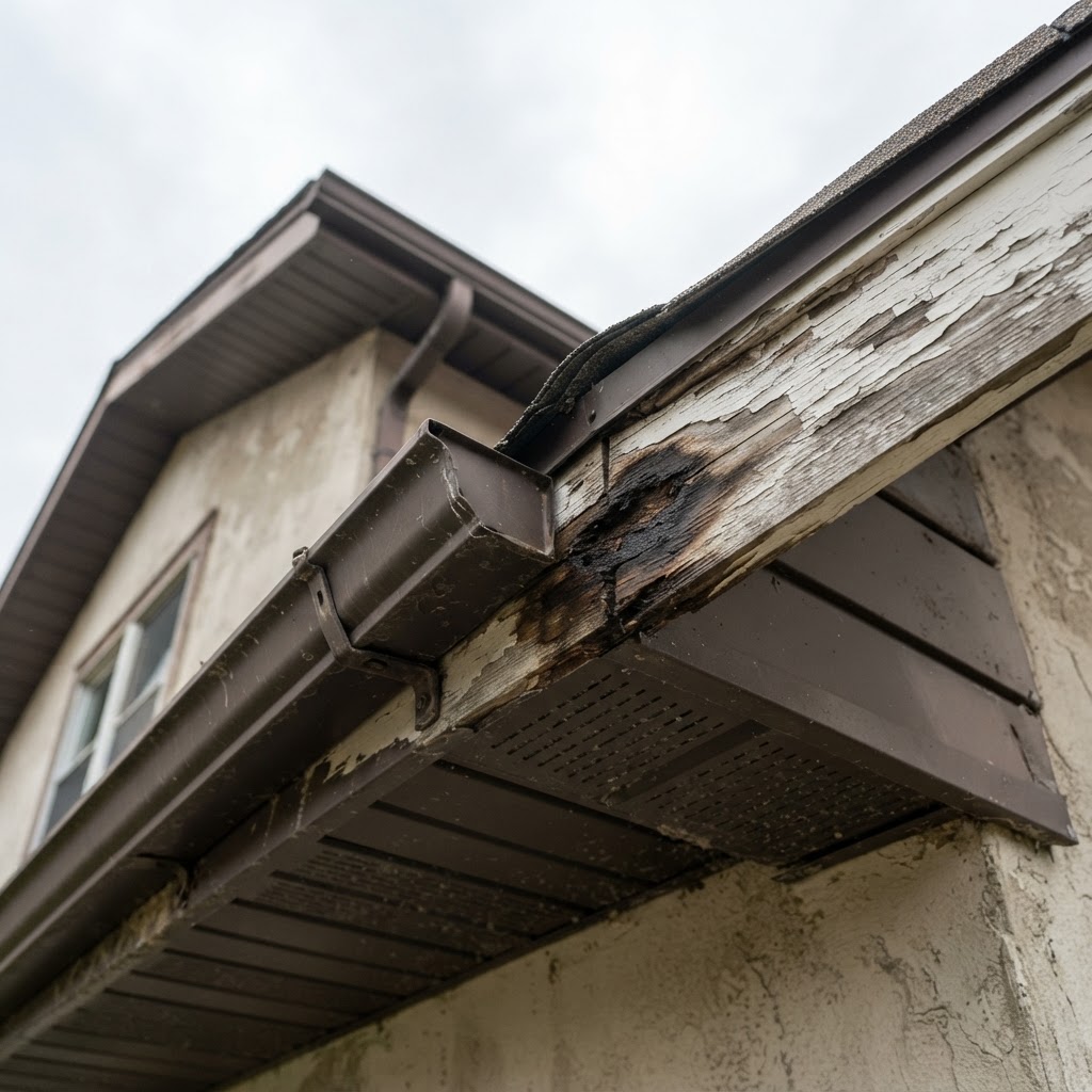 Low-angle view up at a residential roof eave showing the vented soffit panel and the fascia board behind the gutter with weathered peeling paint