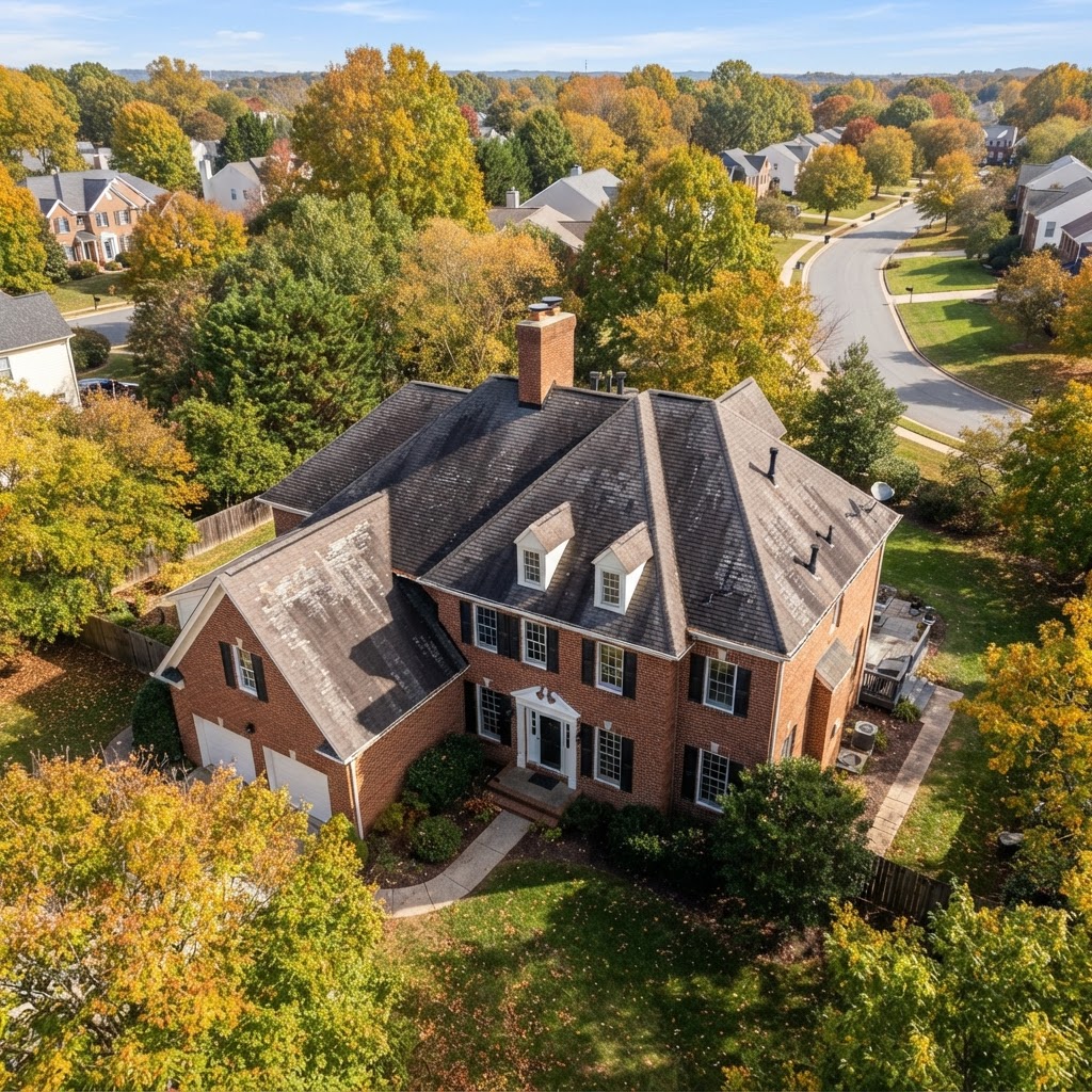 Two-story brick colonial home in Fairfax, Virginia with a dark architectural-shingle roof showing localized wear and surrounding mature trees