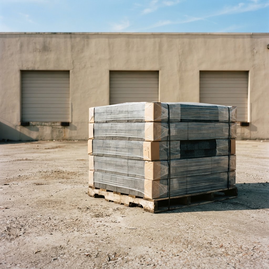 A wooden delivery pallet stacked with wrapped bundles of charcoal-gray architectural asphalt shingles in front of a supply warehouse
