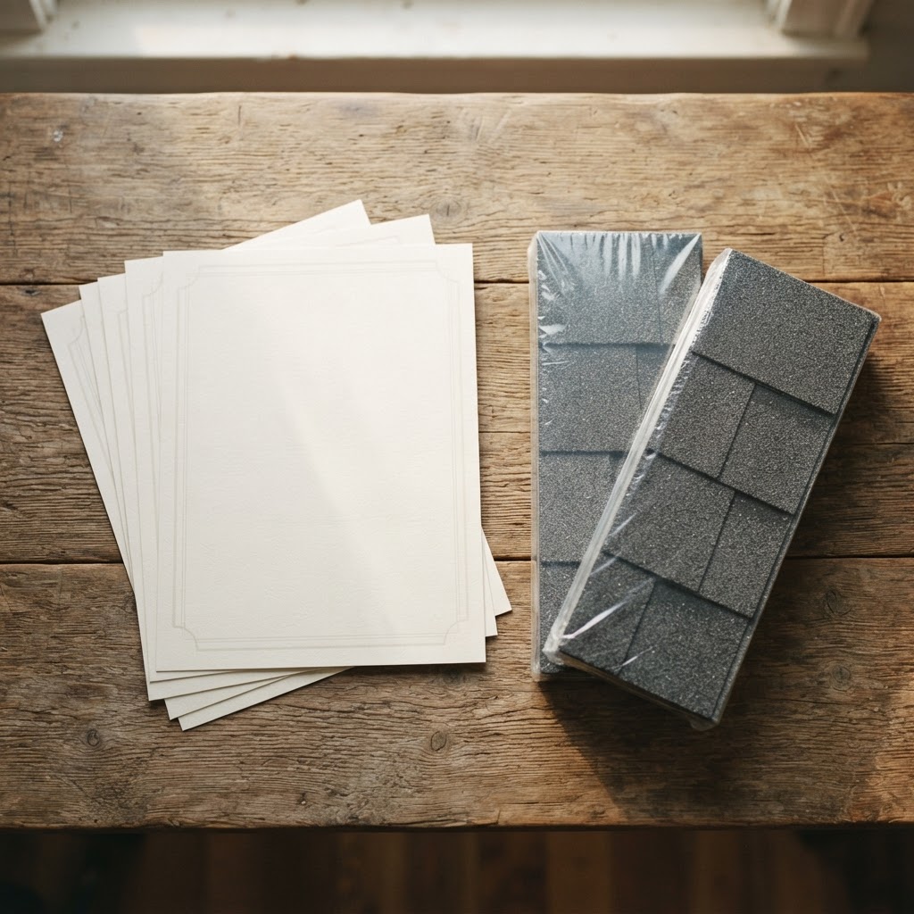 Printed warranty certificates and brochures beside bundles of architectural asphalt shingles on a desk