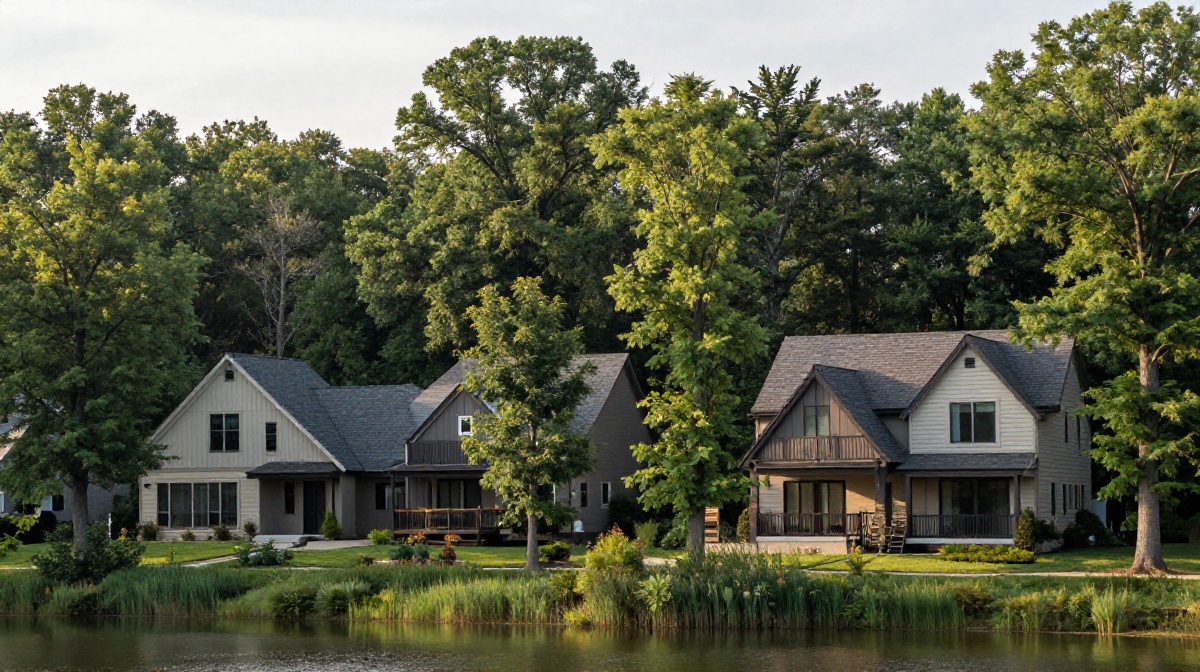 Two lakeside two-story homes in Reston, VA with dark-shingled roofs, light siding, and dark-trim balconies, framed by tall reeds at the shoreline and dense mature deciduous trees in soft afternoon light