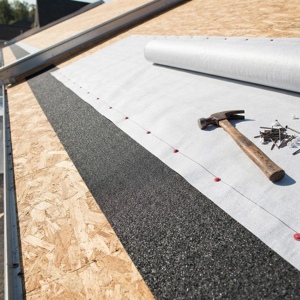 White synthetic roof underlayment unrolled across plywood decking beside a strip of self-adhesive ice-and-water shield at the eave