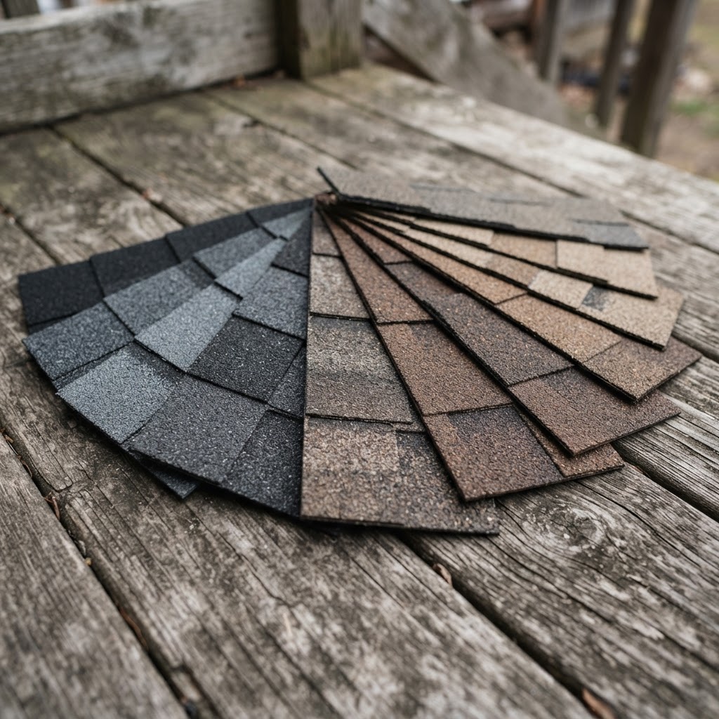 Architectural asphalt shingle color samples in charcoal, slate gray, brown, and tan tones arranged on a wooden surface