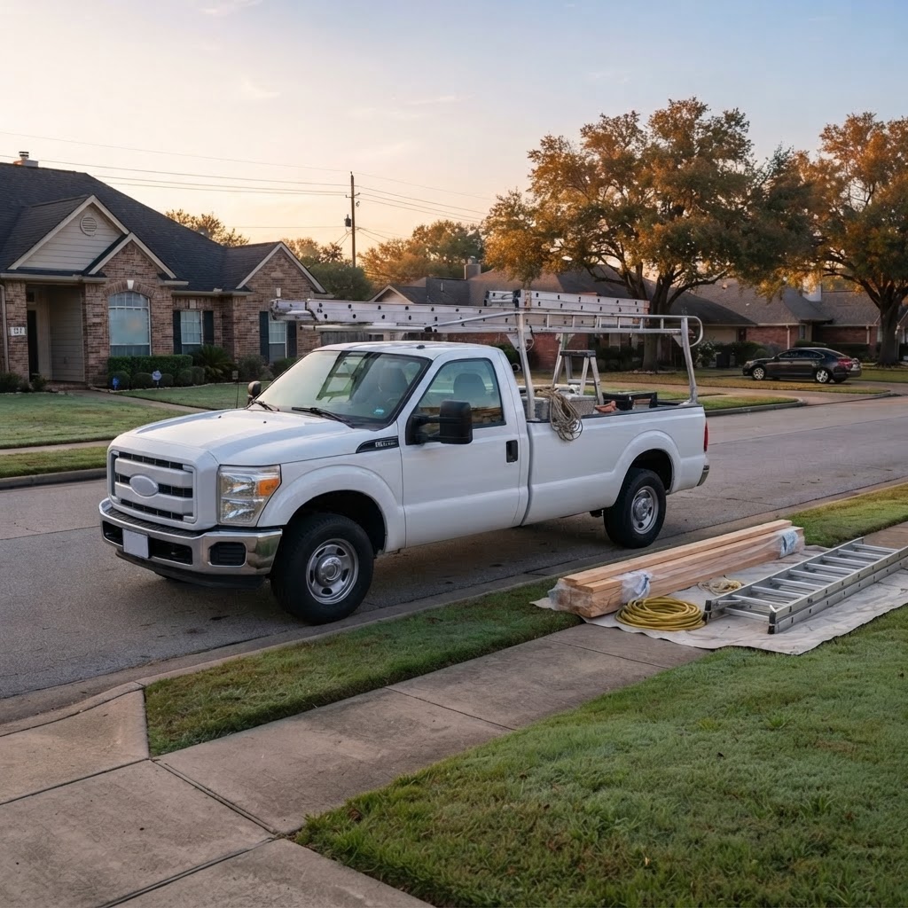 An unbranded work truck with ladder racks parked at a residential curb at sunrise, with ladders and material bundles staged on the lawn