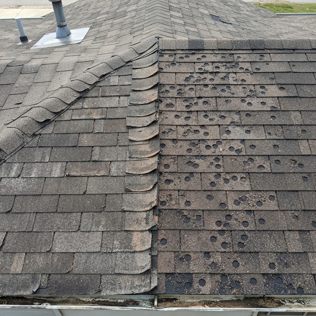 Asphalt shingles showing scattered random hail impact bruises with missing granules beside uniformly weathered shingles