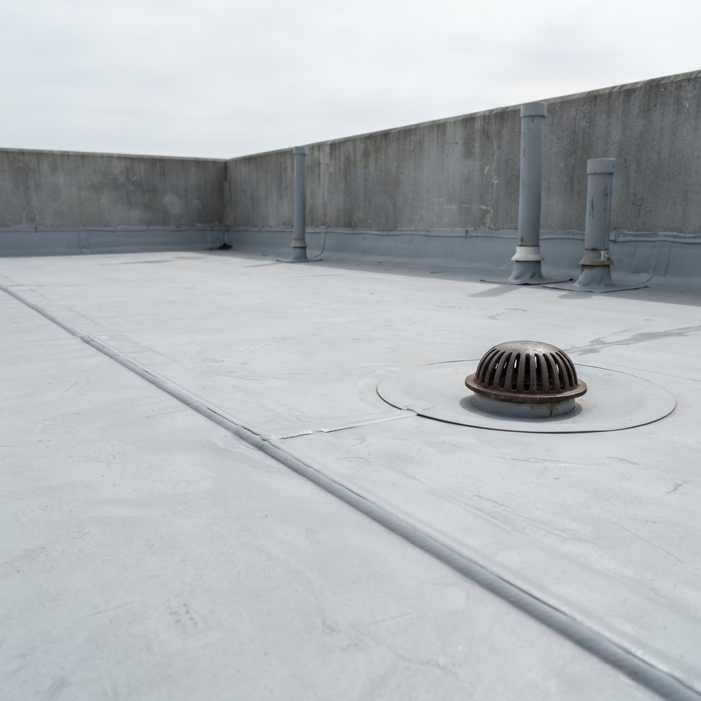 Clean light gray commercial flat roof membrane with heat welded seams, a cleared round drain, and a parapet wall