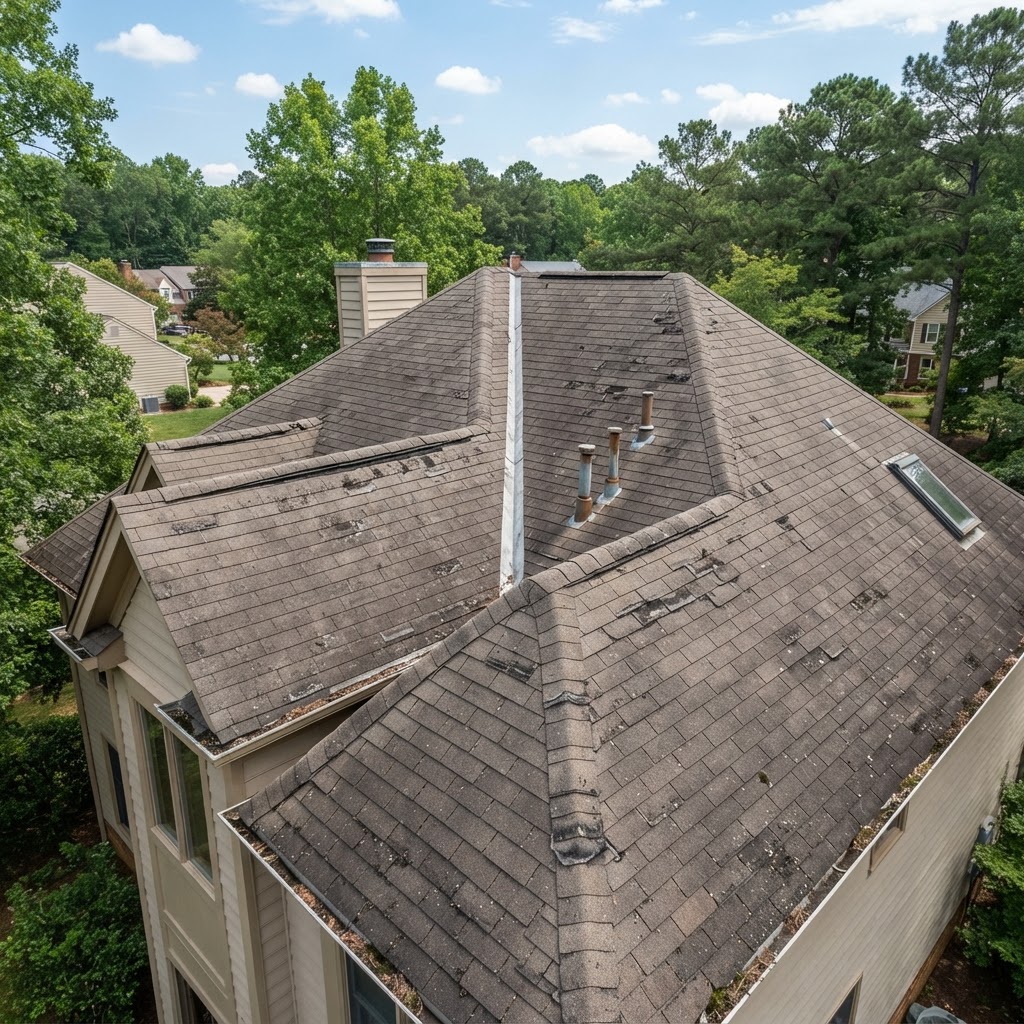 Aging asphalt shingle roof in Northern Virginia showing wear and curling