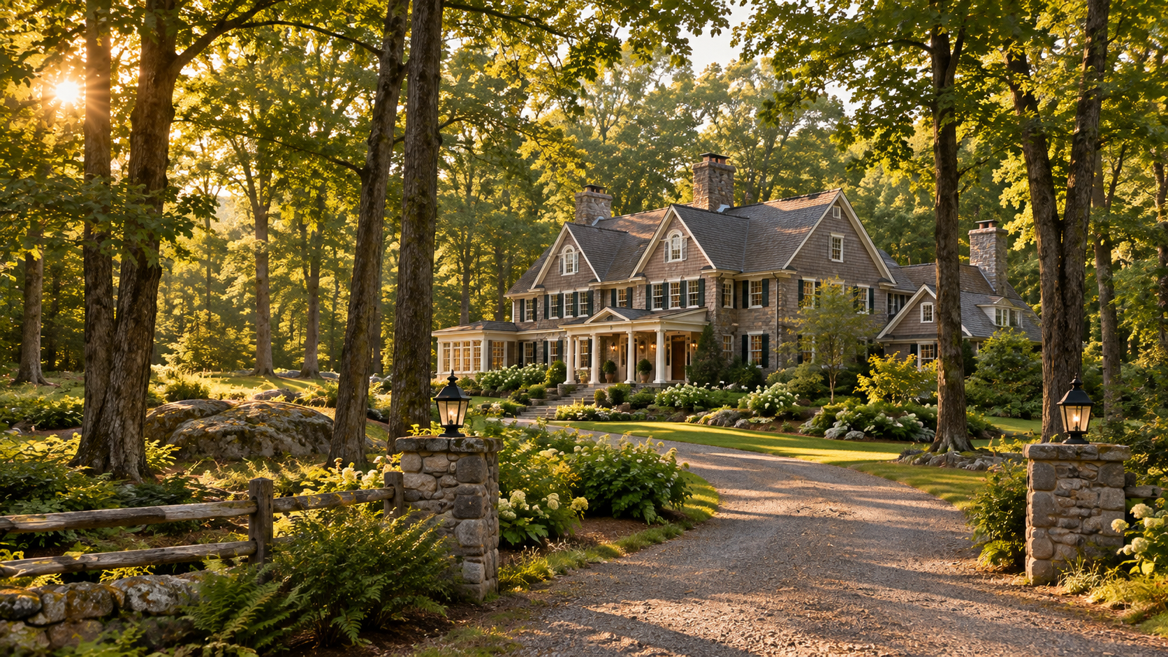 Large stone-and-cedar-shingle home with a complex gabled roofline and two stone chimneys, framed by stone pillars and golden-hour light through mature trees