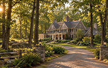 Large stone-and-cedar-shingle estate home with a complex gabled roofline and two stone chimneys, framed by stone pillars and golden-hour light through mature trees