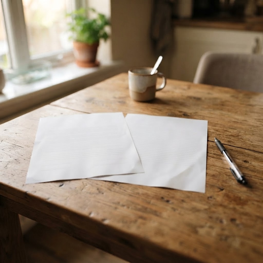 A printed roofing contract and itemized estimate document beside a pen on a wooden kitchen table