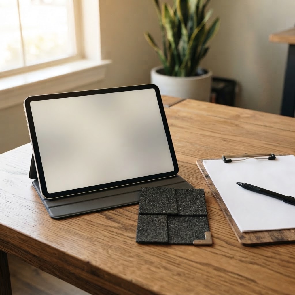 A tablet on a wooden table showing a plain home screen beside an architectural shingle sample and a clipboard